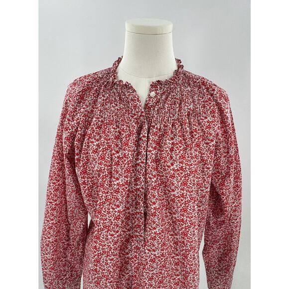 J Crew Liberty of London Red White Floral Top Popover Blouse Ruffle Shirt 4 S - Picture 2 of 8